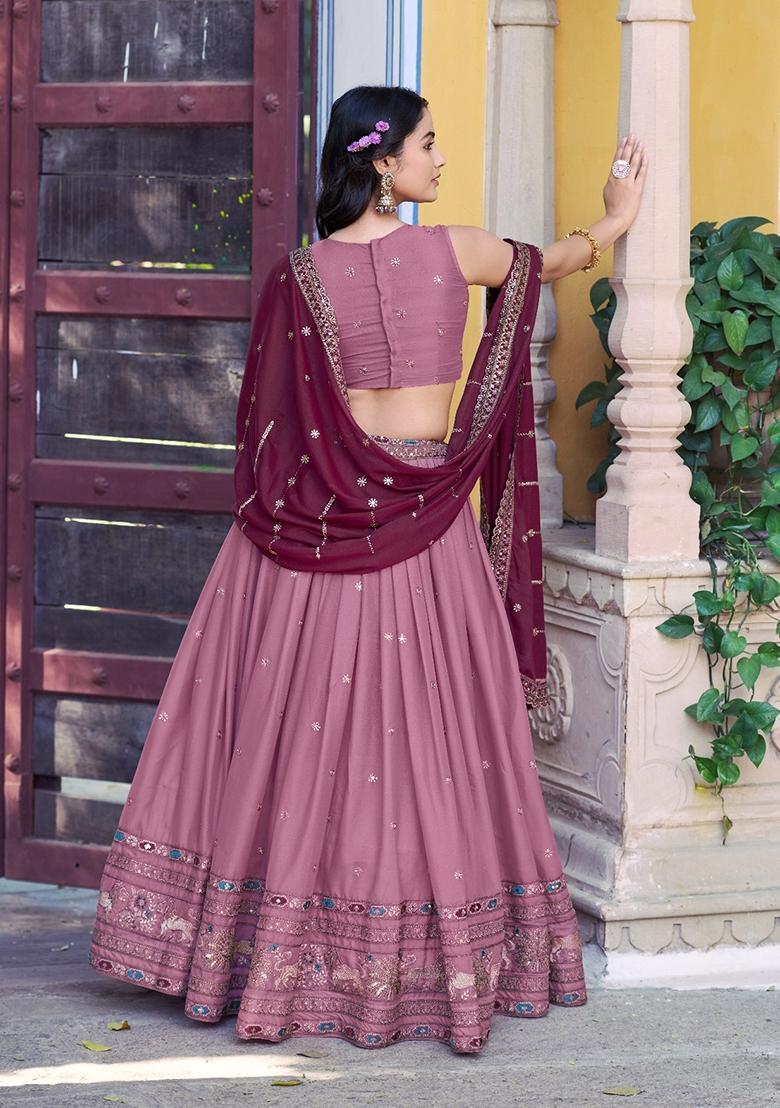 Pink Embroidered Georgette Lehenga Set - Indya