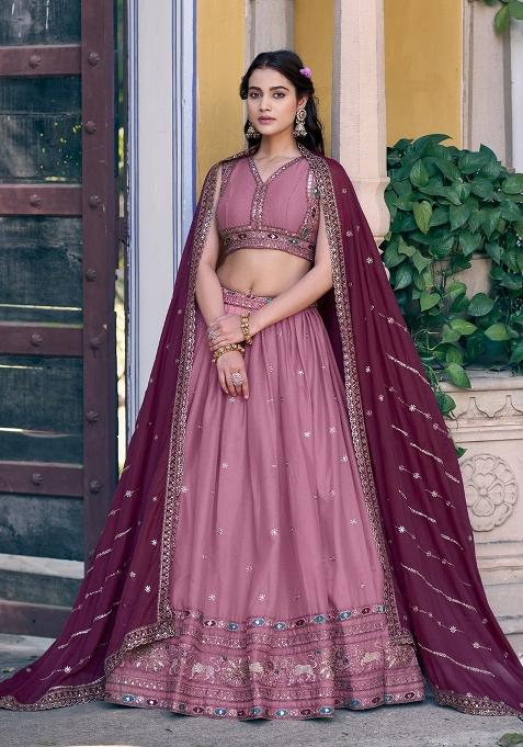 Pink Embroidered Georgette Lehenga Set
