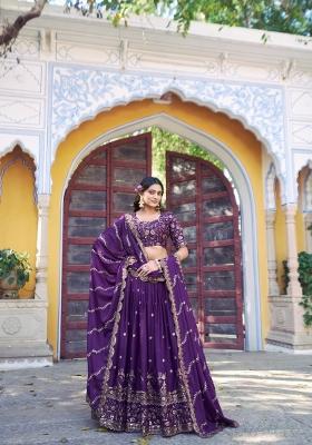 Purple Embroidered Georgette Lehenga Set
