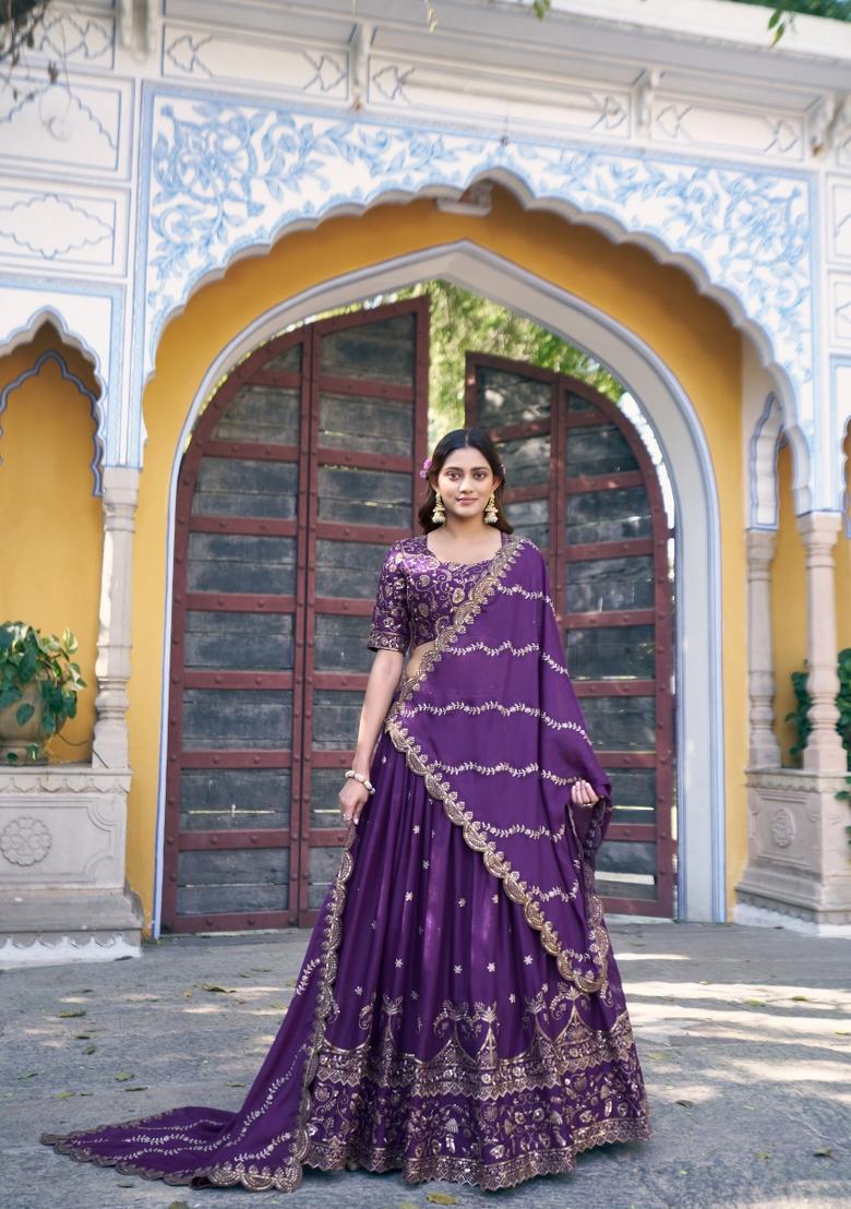 Purple Embroidered Georgette Lehenga Set - Indya
