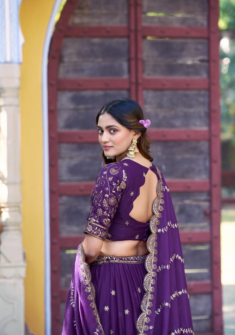 Purple Embroidered Georgette Lehenga Set - Indya