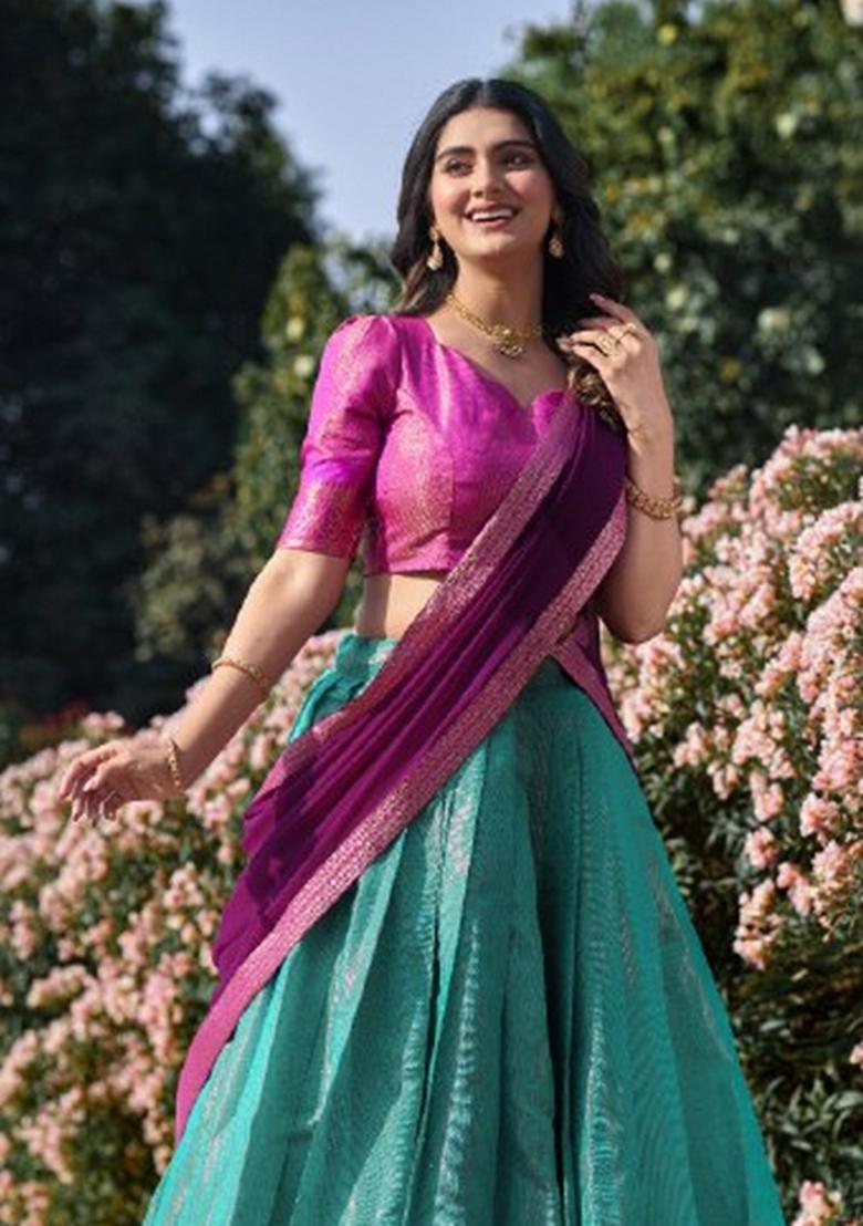 Blue Zari Work Kanchipuram Lehenga Set - Indya
