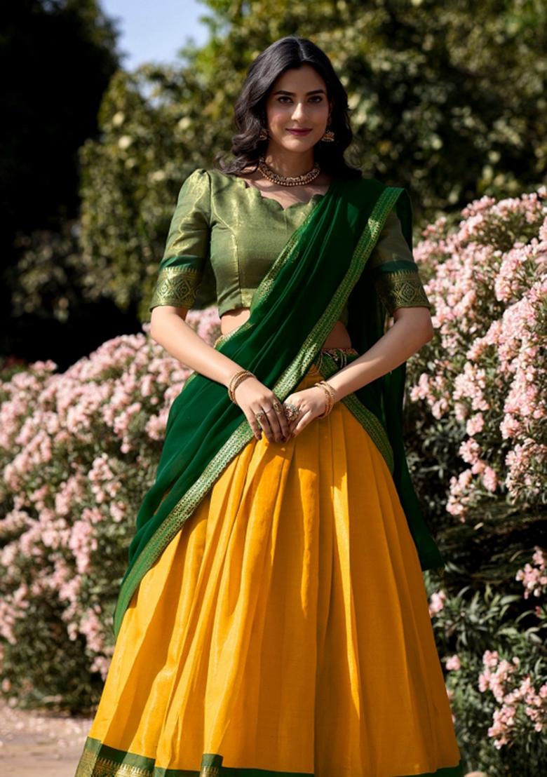 Yellow Zari Work Kanchipuram Lehenga Set - Indya