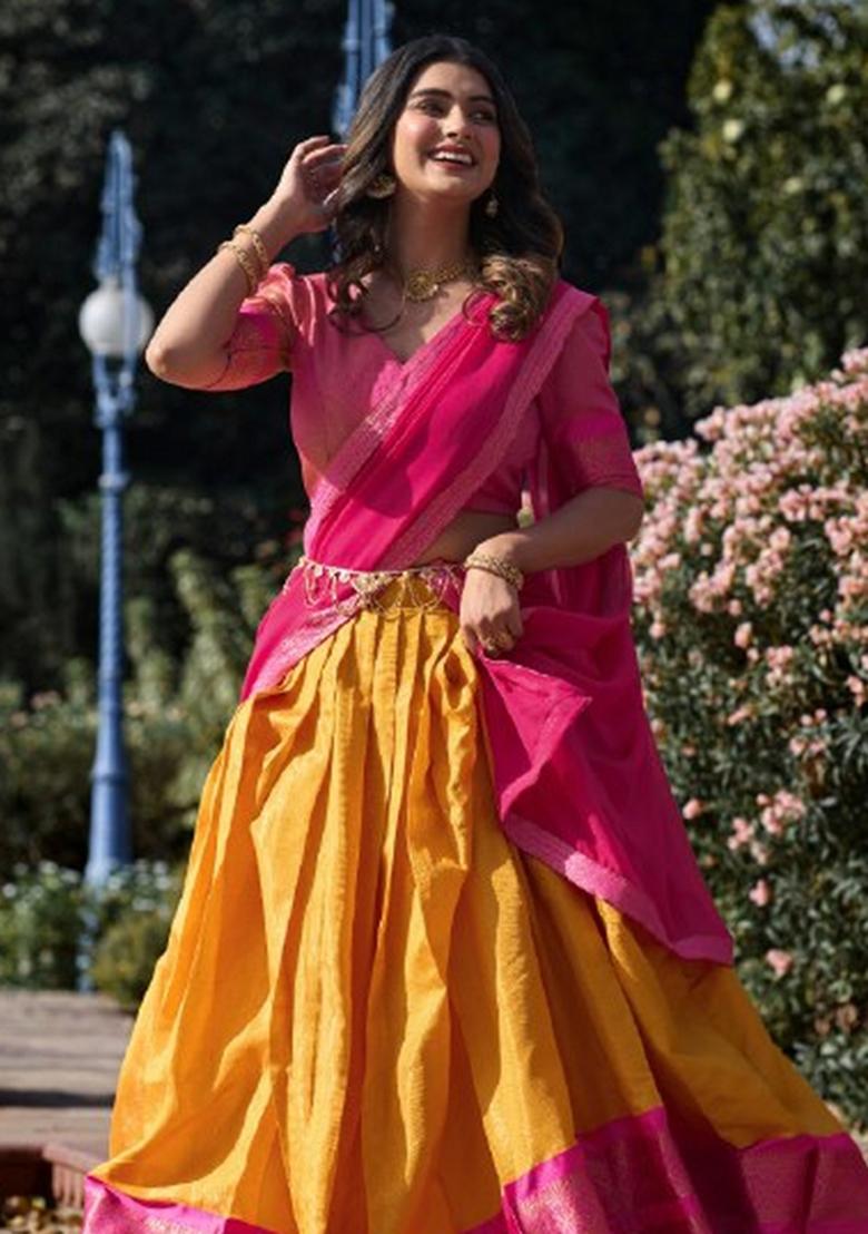 Mustard Zari Work Kanchipuram Lehenga Set - Indya