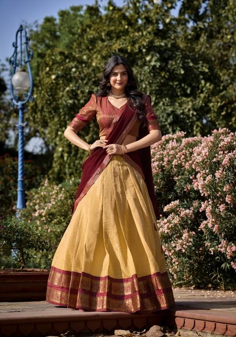 Cream Zari Work Kanchipuram Lehenga Set