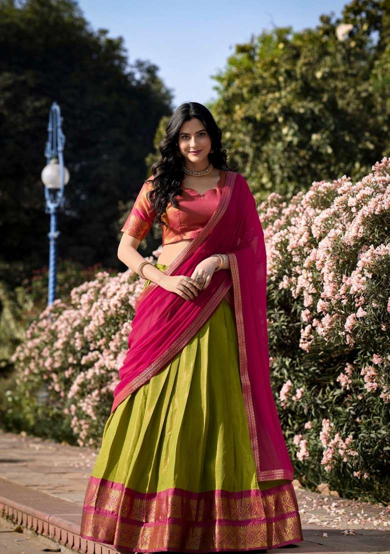 Pista Kanchipuram Lehenga Set with Zari Work for Diwali | Wedding & Festive Wear - Indya