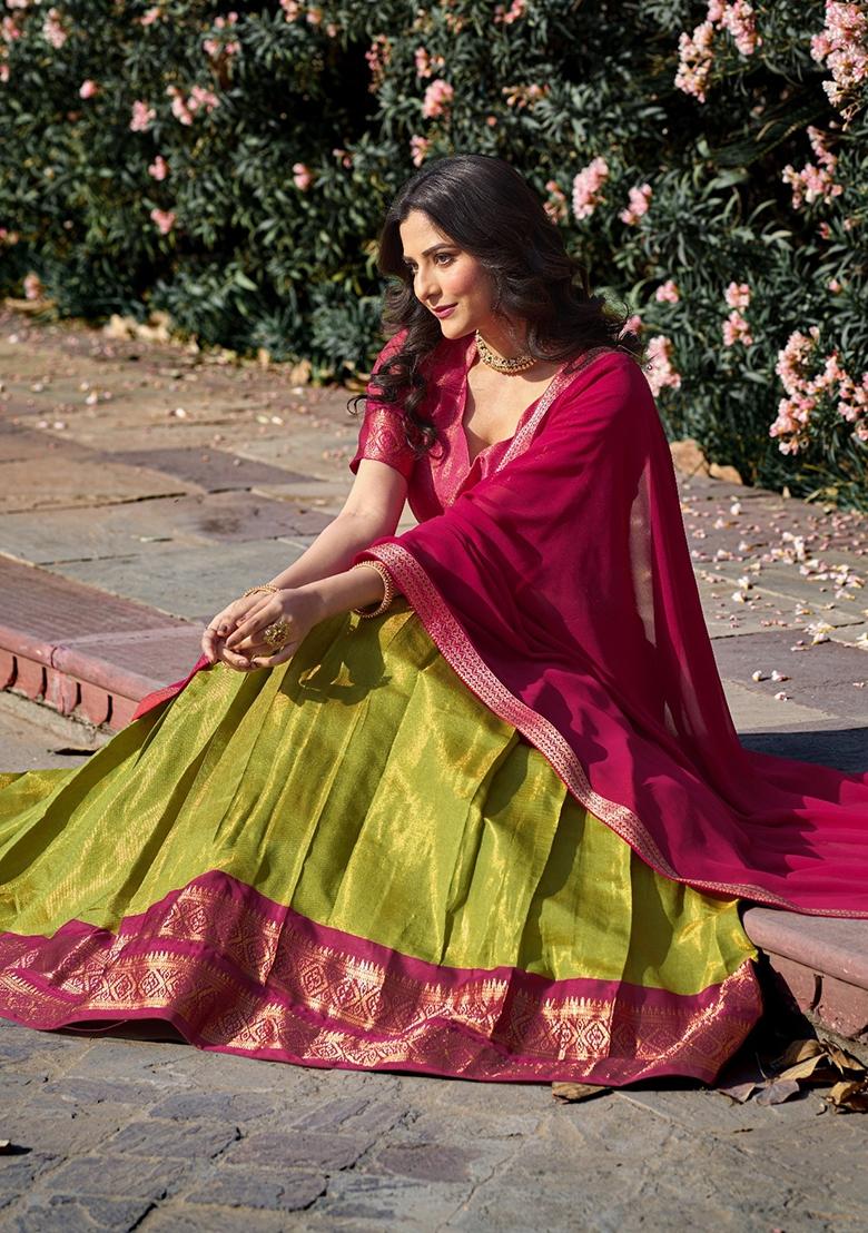 Pista Zari Work Kanchipuram Lehenga Set - Indya