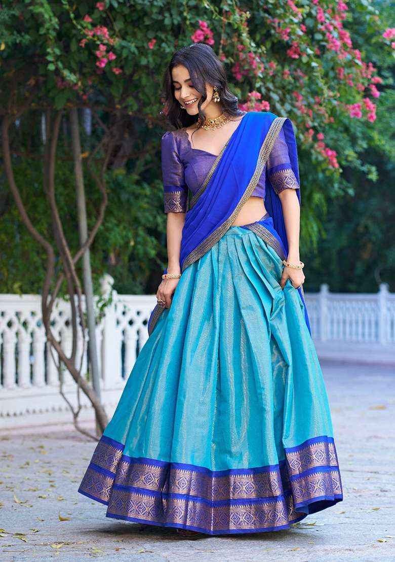 Blue Zari Work Kanchipuram Lehenga Set for Diwali and Festive Wear - Indya