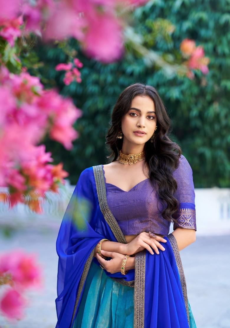 Blue Zari Work Kanchipuram Lehenga Set - Indya