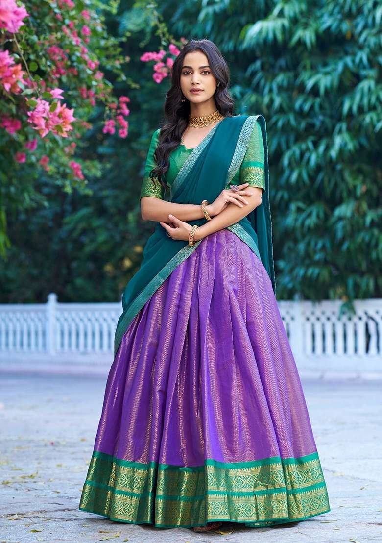 Lavender Zari Work Kanchipuram Lehenga Set for Diwali and Festive Wear - Indya