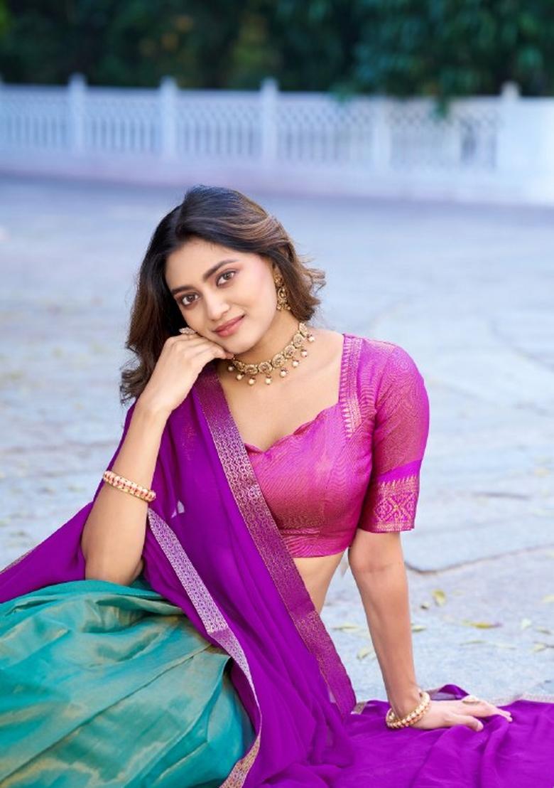 Green Zari Work Kanchipuram Lehenga Set - Indya