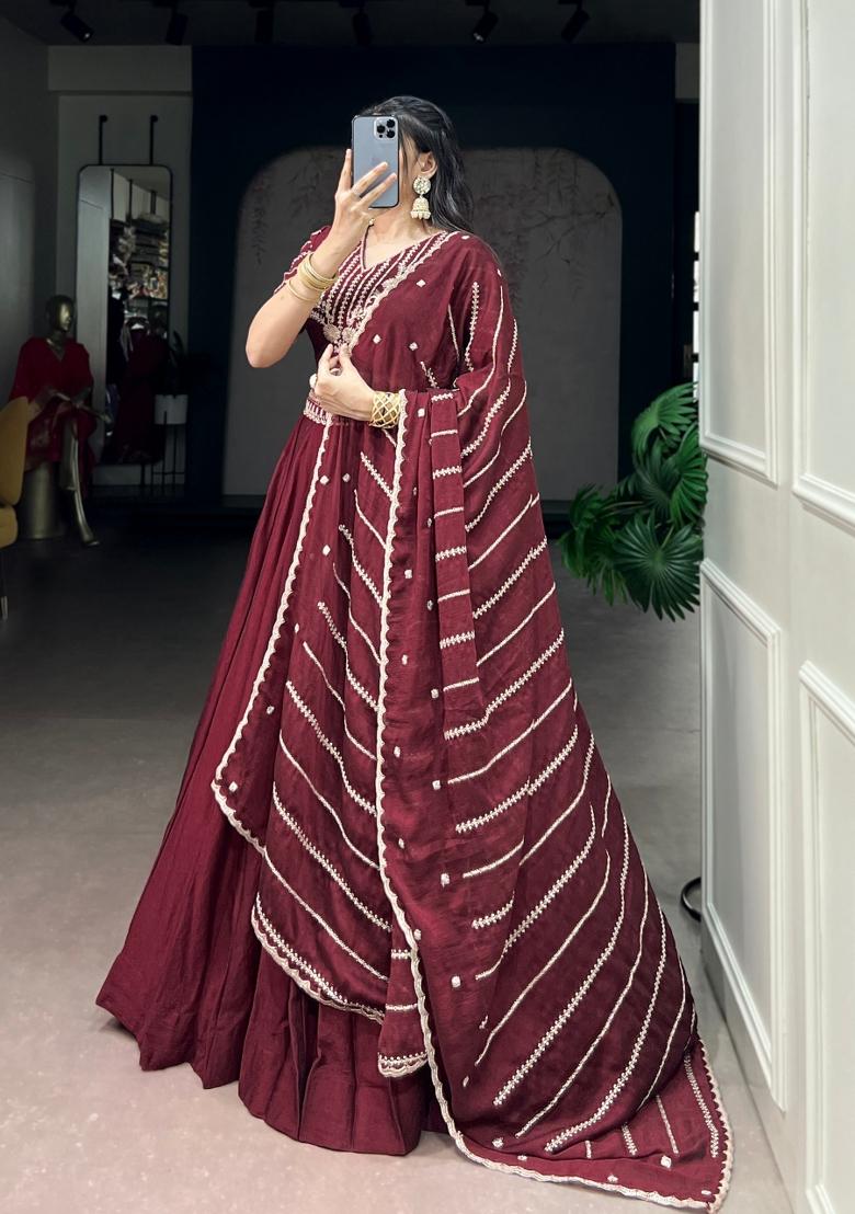 Maroon Embroidered Rangoli Lehenga Set - Indya
