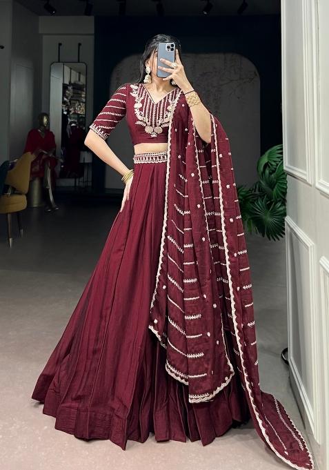 Maroon Embroidered Rangoli Lehenga Set