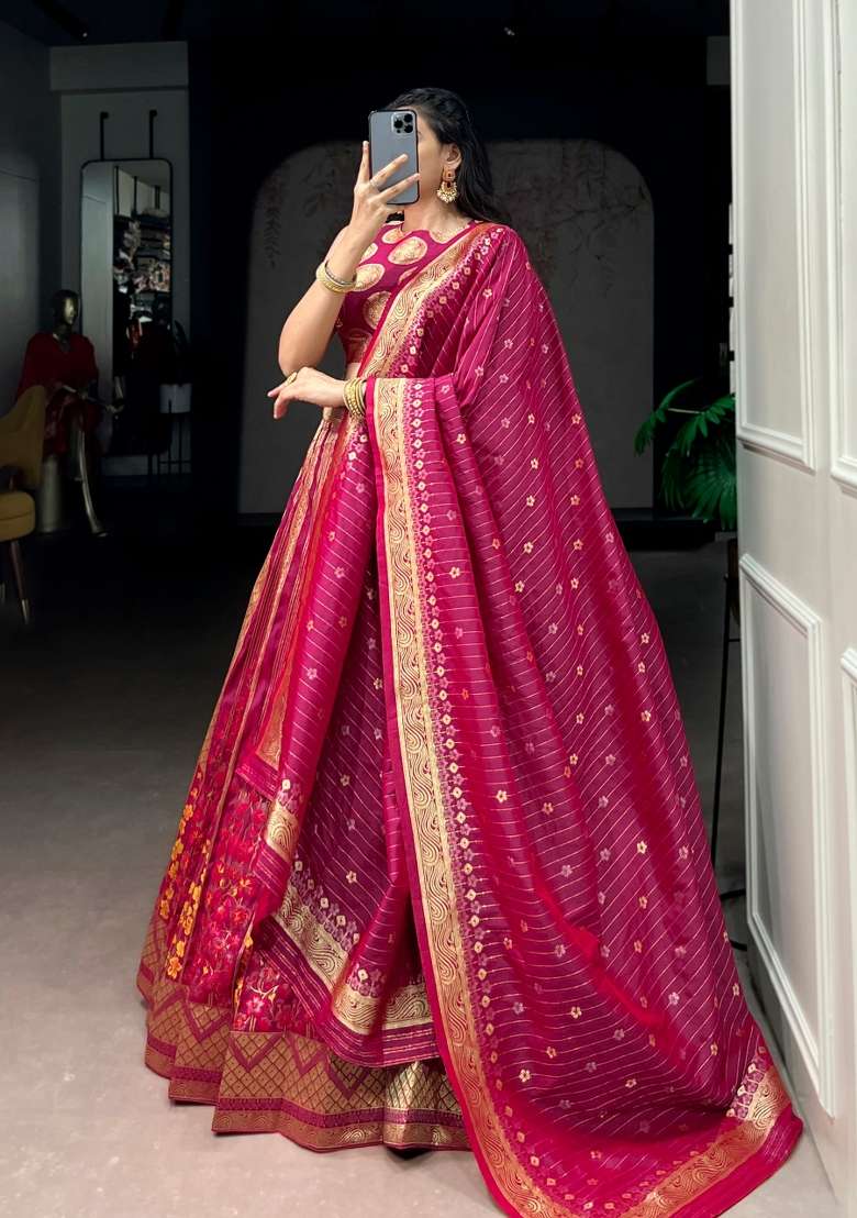 Pink Zari Work Silk Blend Lehenga Set - Indya