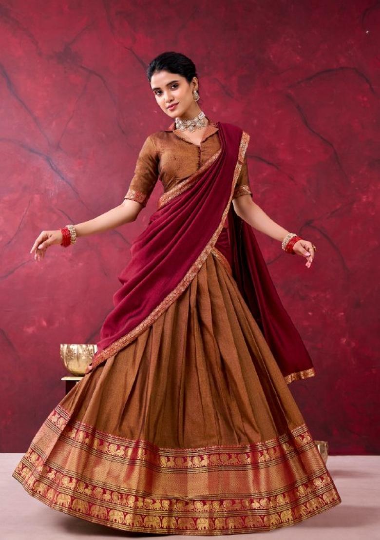 Mustard Zari Work Cotton Lehenga Set - Indya
