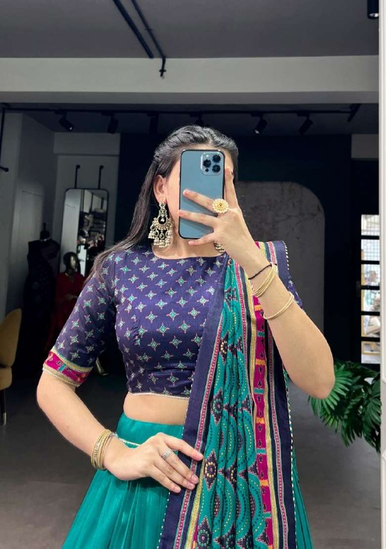 Blue Printed Silk Blend Lehenga Set for Diwali and Festive Wear - Indya