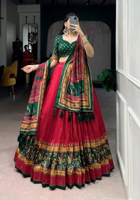 Red Printed Silk Blend Lehenga Set