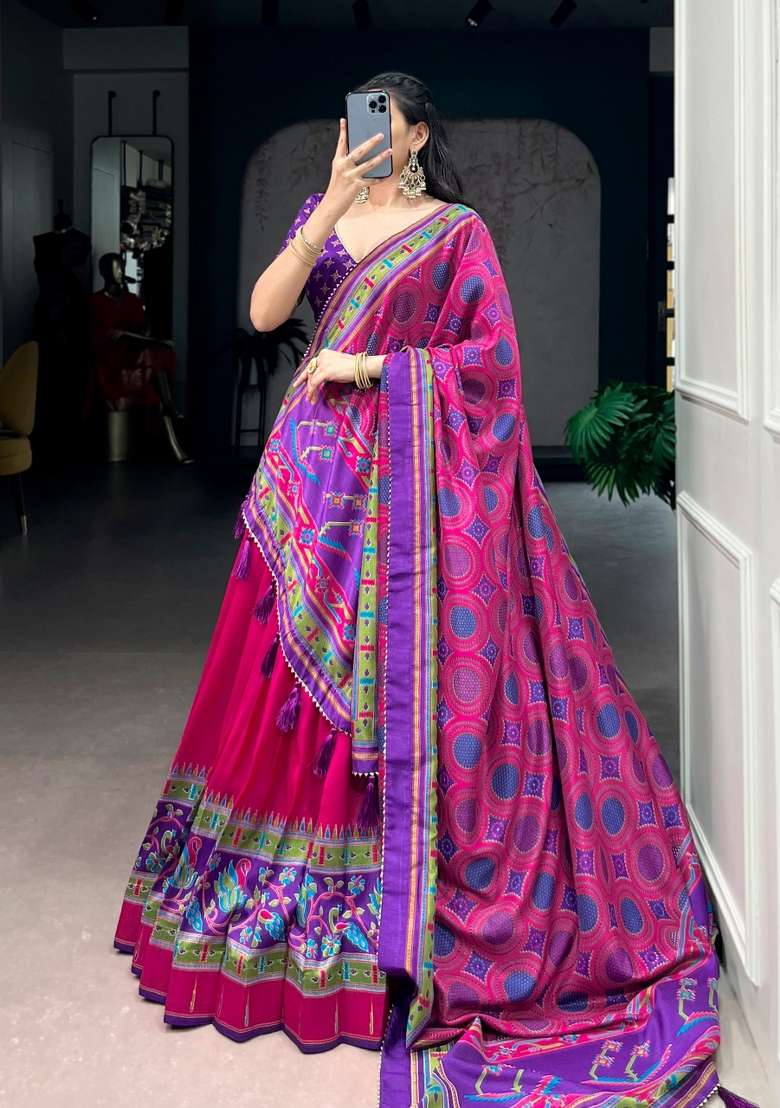 Pink Printed Silk Blend Chaniya Choli Set For Navratri And Garba for Diwali and Festive Wear - Indya