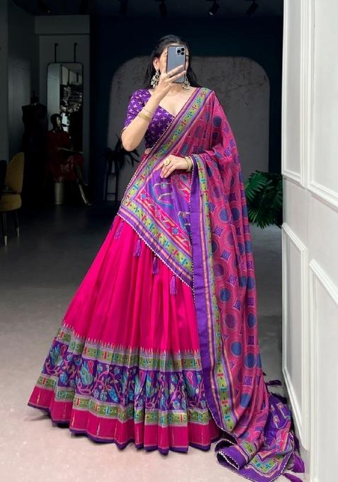 Pink Printed Silk Lehenga Set