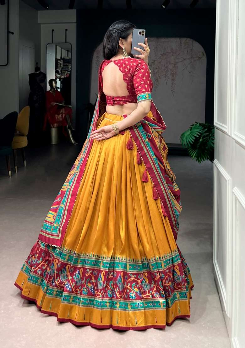 Mustard Printed Silk Blend Lehenga Set for Diwali and Festive Wear - Indya