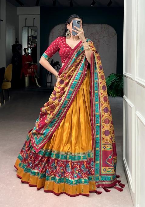 Mustard Printed Silk Lehenga Set