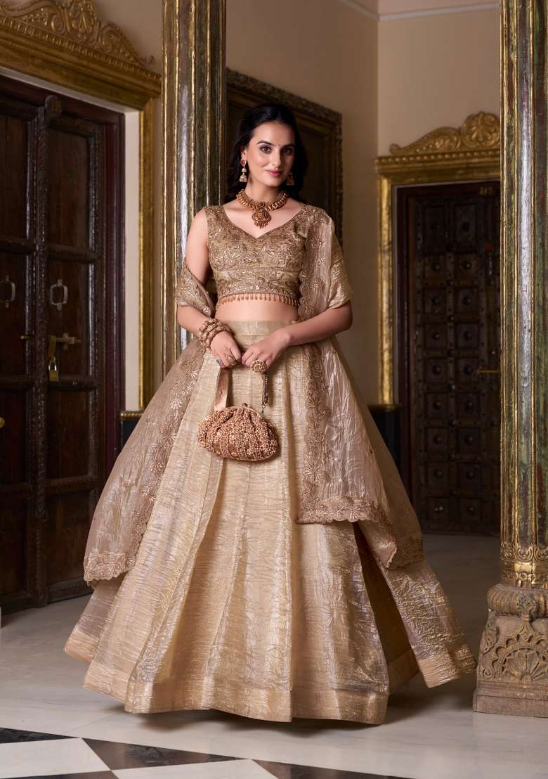 Chiku Solid Gold Crush Lehenga Set for Diwali and Festive Wear - Indya