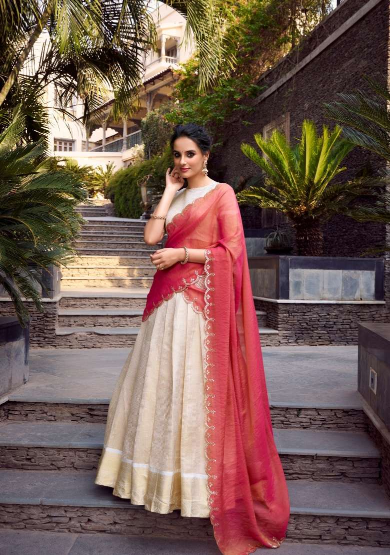 Off White Zari Work Jacquard Lehenga Set for Diwali and Festive Wear - Indya
