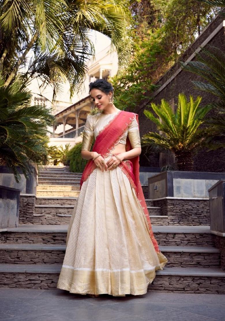 Off White Zari Work Jacquard Lehenga Set - Indya