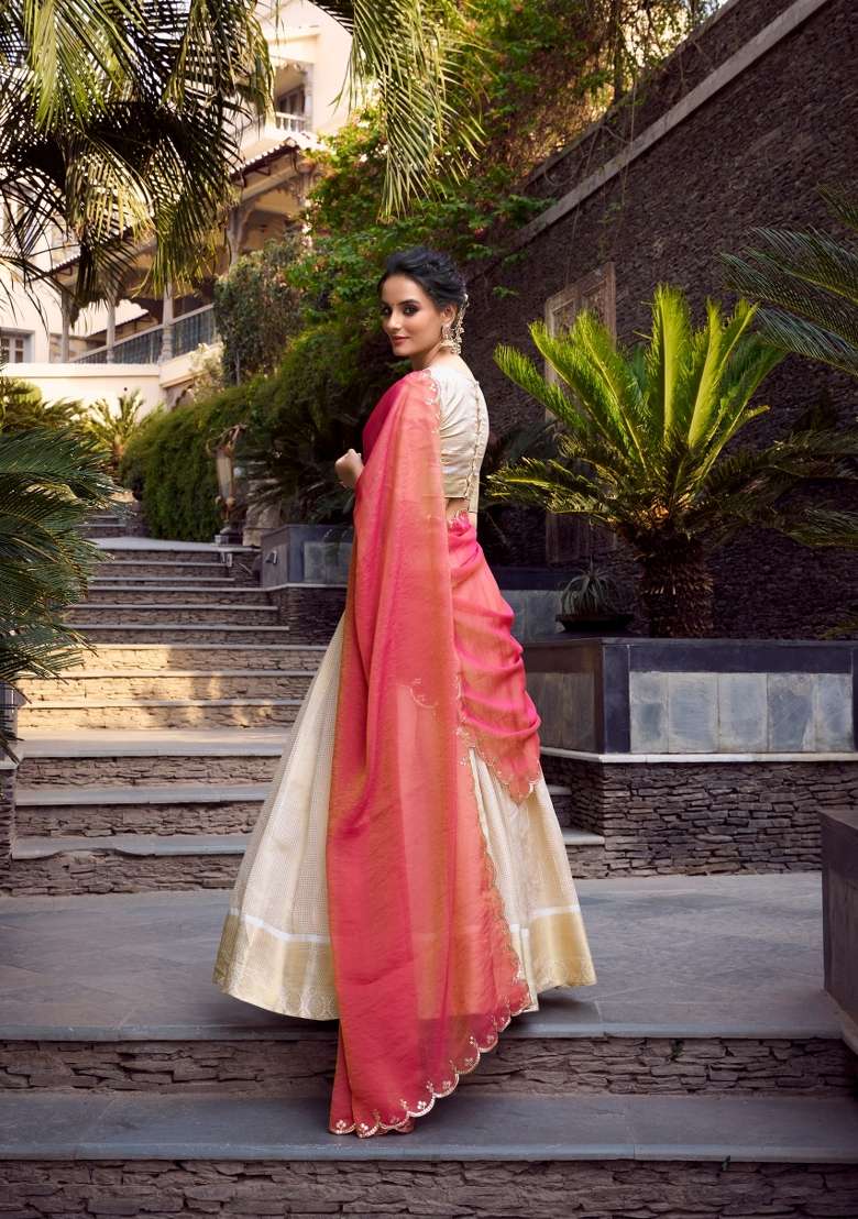 Off White Zari Work Jacquard Lehenga Set for Diwali and Festive Wear - Indya