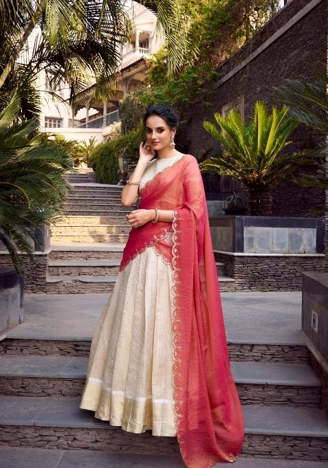 Off White Zari Work Jacquard Lehenga Set