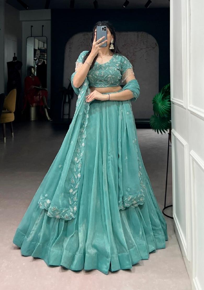 Blue Embroidered Gold Crush Lehenga Set - Indya