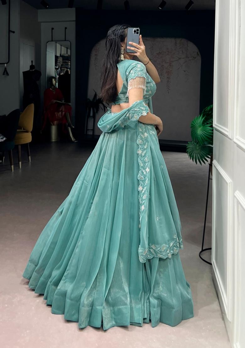 Blue Embroidered Gold Crush Lehenga Set - Indya