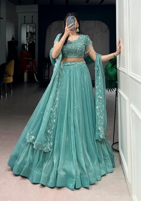 Blue Embroidered Gold Crush Lehenga Set