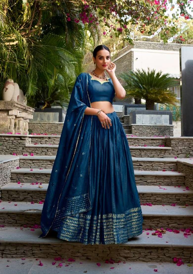 Blue Zari Work Chanderi Lehenga Set for Diwali and Festive Wear - Indya