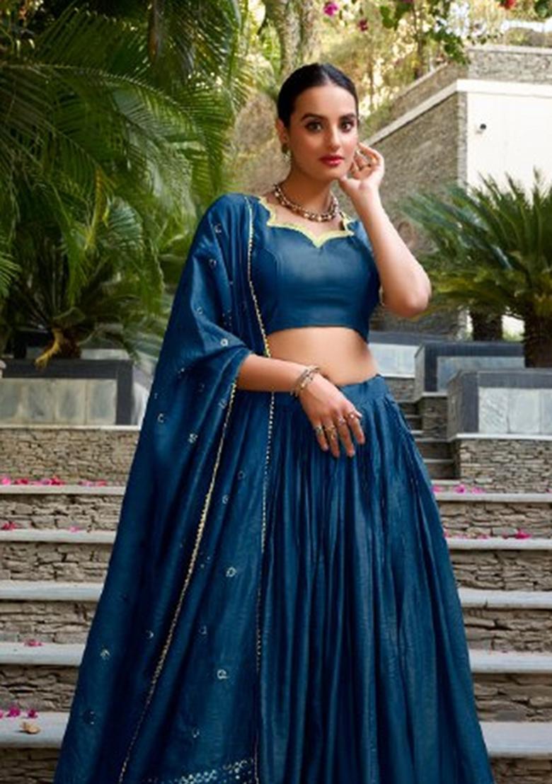 Blue Zari Work Chanderi Lehenga Set - Indya