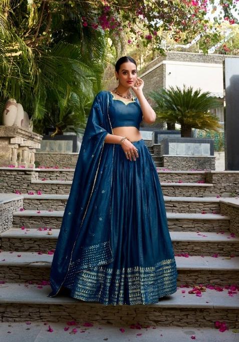 Blue Zari Work Chanderi Lehenga Set