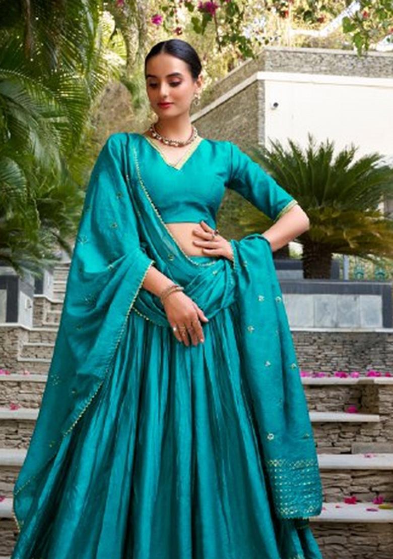 Blue Zari Work Chanderi Lehenga Set - Indya