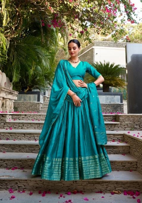 Blue Zari Work Chanderi Lehenga Set