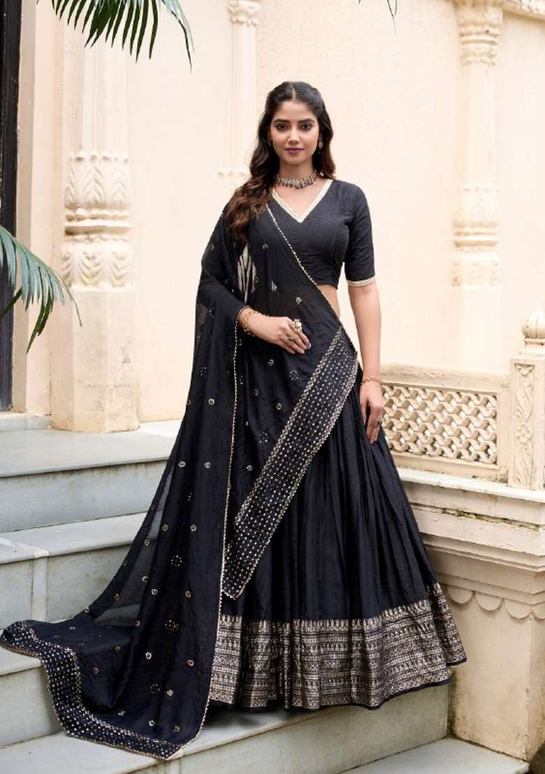 Black Chanderi Lehenga Set with Zari Work for Diwali | Wedding & Festive Wear - Indya