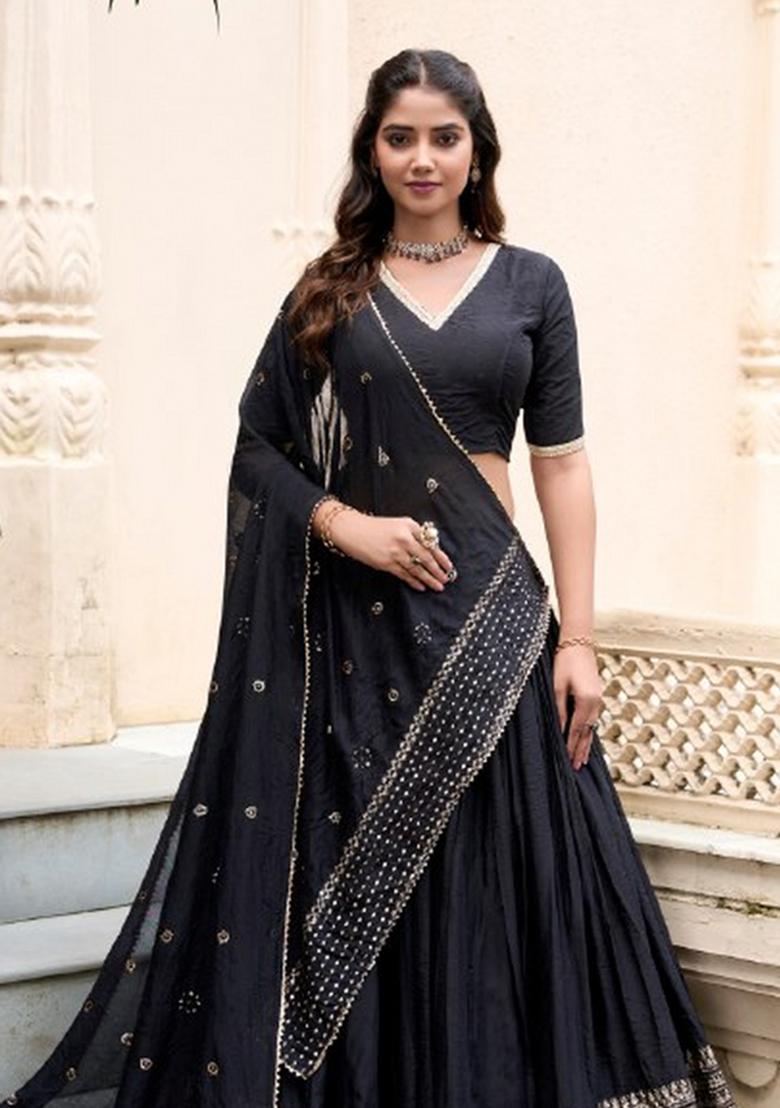 Black Zari Work Chanderi Lehenga Set - Indya