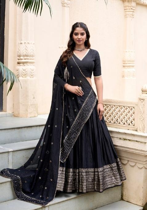 Black Zari Work Chanderi Lehenga Set