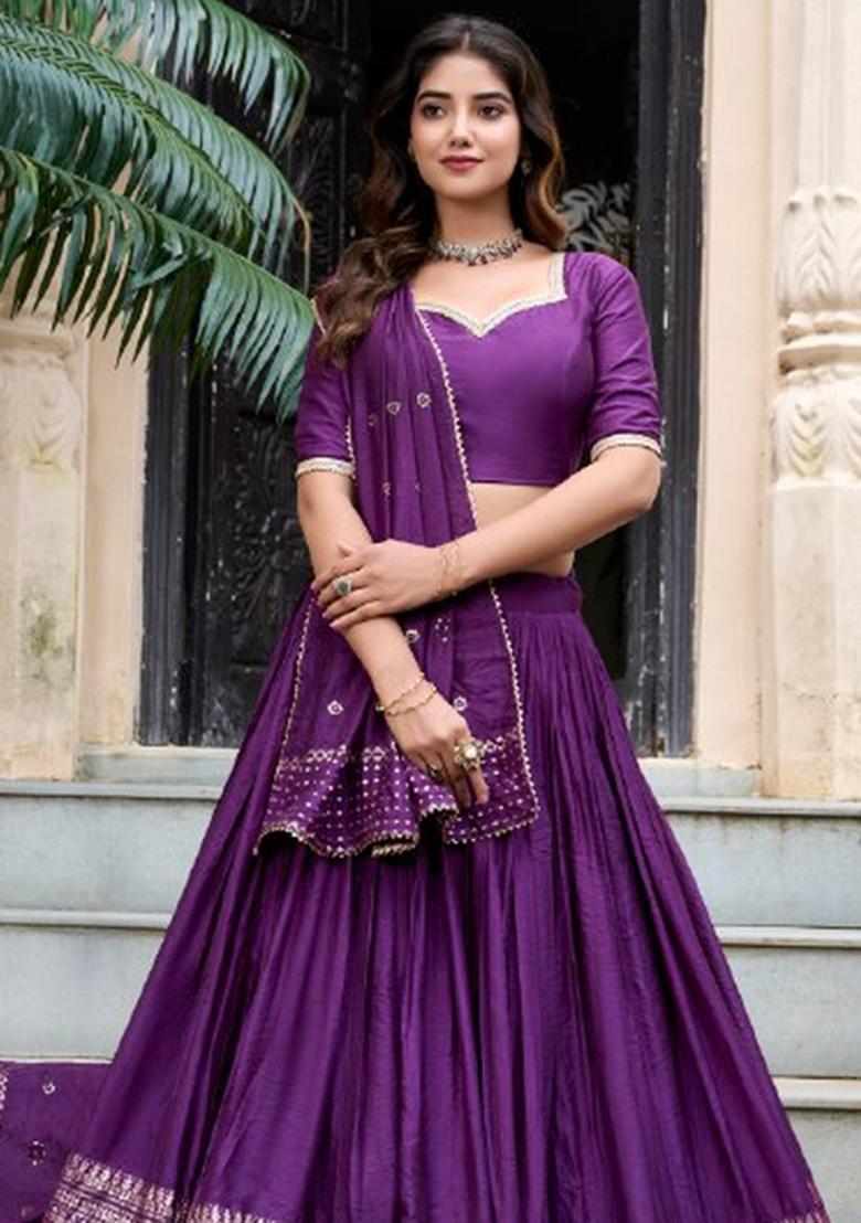 Purple Zari Work Chanderi Lehenga Set - Indya