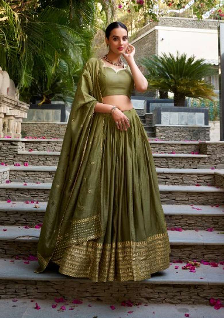 Mehendi Zari Work Chanderi Lehenga Set for Diwali and Festive Wear - Indya