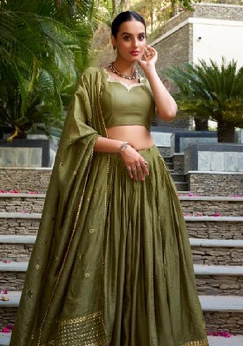 Mehendi Zari Work Chanderi Lehenga Set - Indya