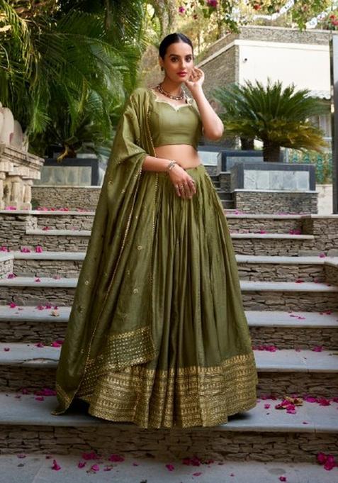 Mehendi Zari Work Chanderi Lehenga Set