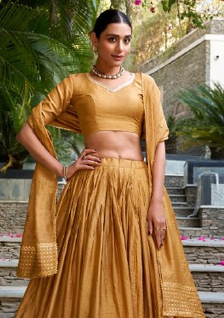 Mustard Zari Work Chanderi Lehenga Set - Indya