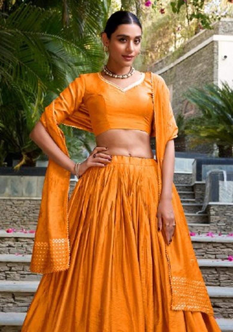 Orange Zari Work Chanderi Lehenga Set - Indya