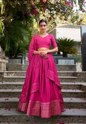 Pink Zari Work Chanderi Lehenga Set