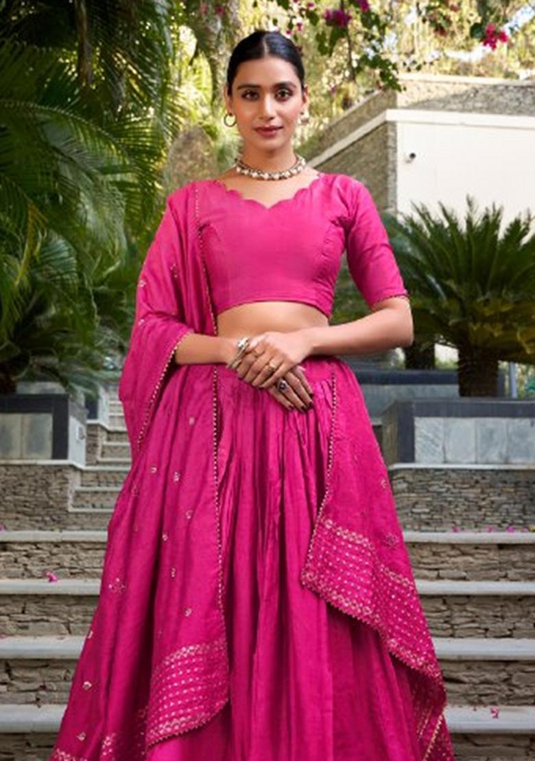 Pink Zari Work Chanderi Lehenga Set - Indya