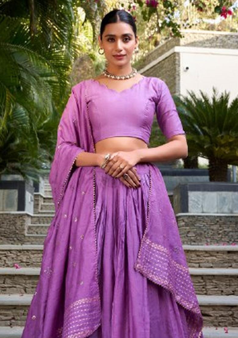 Purple Zari Work Chanderi Lehenga Set - Indya
